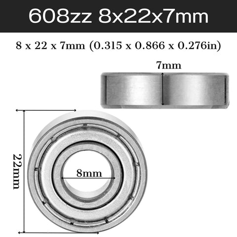 608zz bearing, 8x22x7 mm, deep groove ball bearing with double metal shields; top and side views with dimensions.