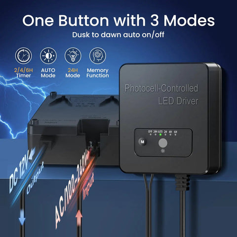 Photocell-controlled LED driver with one-button 3 modes, part of Six Pack Low Voltage Landscape Lighting Kit With 12W Well Lights