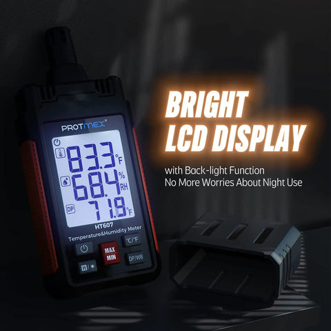 Temperature Humidity Meter High Precision Digital Hygrometer with LCD backlight displaying readings in dark setting