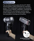 BG02 Battery Grip 14.4V 6600mAh D Tap USB C For AD200 Pro II And ML LED Light powering a Godox flash.