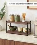 Rustic Wooden Coffee Station Organizer And Two Tier Mug Holder For Countertop Display with matcha setup on kitchen counter