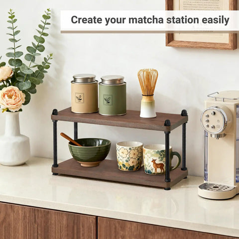 Rustic Wooden Coffee Station Organizer And Two Tier Mug Holder For Countertop Display with matcha setup on kitchen counter