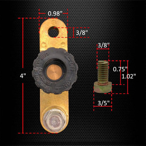12V Side Post Battery Disconnect Switch Kit For Cars Two Pack Quick Disconnect Battery Cut Off And Kill Switch With Long Bolt Easy Install Automotive Battery Safety Power Shutdown, showing dimensions and components including bolt.
