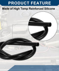 Close-up of Beefy Silicone Vacuum Hose High Temp Automotive Vacuum Line Three Point Three Feet Long Twelve Millimeter Inner Diameter Three Point Five Millimeter Thick Black. Visible in engine compartment with high temp reinforced silicone material highlighted.
