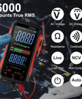 Person holding Workhorse USB C Rechargeable True RMS Multimeter with 6000 Counts showing features on backlit display.