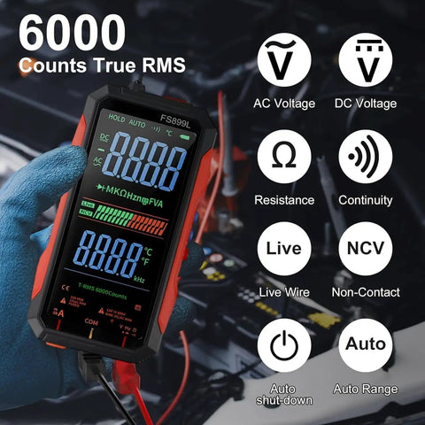 Person holding Workhorse USB C Rechargeable True RMS Multimeter with 6000 Counts showing features on backlit display.
