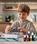 Child using All In One 3D Printing Miniatures Painting Kit With Premium Paints, Finishing Tools, Coloring Implements, And Protective Gear For Hobbyists.