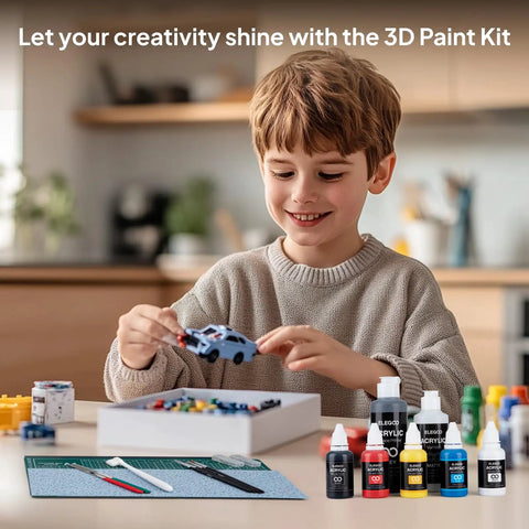 Child using All In One 3D Printing Miniatures Painting Kit With Premium Paints, Finishing Tools, Coloring Implements, And Protective Gear For Hobbyists.