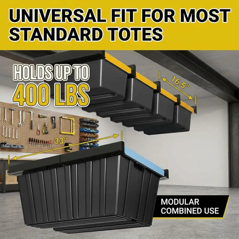 Overhead Garage Storage Rack System With Five Rails Set, Connectable Metal Ceiling Racks holding plastic totes in garage.