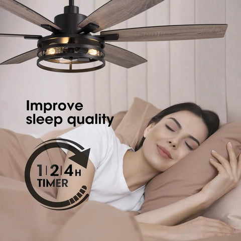 60 Inch Ceiling Fan With Lights And Remote For Indoors And Outdoors In Black Caged Farmhouse Style shown over a sleeping woman