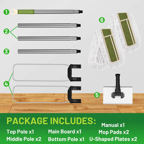 Heavy Duty Commercial Dust Mop And Floor Broom For Hardwood Surfaces With Secure Button Lock Handle and Wide Sweep Path, package components layout.