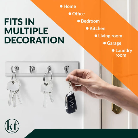 Wall Mounted Key Rack With Four Hooks, Steel And Wood Key Holder For Keys And Small Essentials, White Modern Home Organizer for door