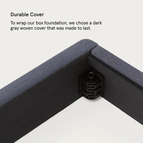 Queen Mattress Foundation Box Spring Alternative With No Sweat Assembly And 7 Inch Height Provides Rock Solid Bed Support For Hybrid Or Memory Foam Bed Frames Built Tough For Comfort And Style showing dark grey woven cover corner detail.