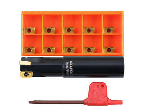 Beefy Three Quarter Inch Square Shoulder Indexable End Mill With 90 Degree Cut, Ten APKT11T308 Carbide Inserts, Three Quarter Inch Shank, Three Point Five Inch Overall Length, Heavy Duty Shoulder Milling Tool