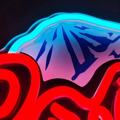 Beer Neon Sign LED Bar Light For Man Cave And Home Bar Decor Mountain Pattern close-up with red and ice blue glow