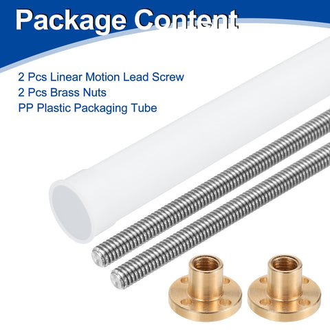 Package content for 2 Pack 200mm TR8X1 Lead Screws With Brass Nuts For 3D Printer And CNC, 1mm Pitch, 1 Start, 1mm Lead, 304 Stainless Steel Bar, Silver, Upgrade Parts With Plastic Packaging Tube, showing 2 screws and 2 nuts