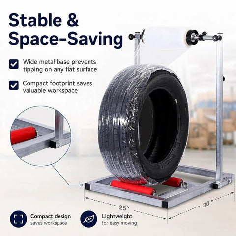 Hella Adjustable Tire Wrap Dispenser Stand For Car And Truck Wheels With Dual Roller Base, holding a tire wrapped in film.