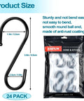Heavy Duty 3.5 Inch S Hooks Set of 24 Black Metal S Shaped Hooks for Hanging Plants Towels Pans Bags Utensils and More