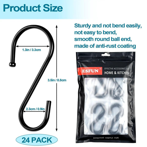 Heavy Duty 3.5 Inch S Hooks Set of 24 Black Metal S Shaped Hooks for Hanging Plants Towels Pans Bags Utensils and More