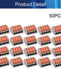 4 Position Spring Wire Connector Kit PCT-214 Screw Quick Terminal Block in a pack of 50, 250V 32A, Insulated PP Housing, 4-position view.