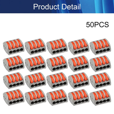 4 Position Spring Wire Connector Kit PCT-214 Screw Quick Terminal Block in a pack of 50, 250V 32A, Insulated PP Housing, 4-position view.
