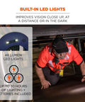 Person wearing LED Brim Safety Bump Cap Baseball Style Long Brim Work Hat With Front Light in low-light work environment