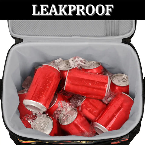 Open insulated picnic backpack lunch bag for women and men with red cans and ice showing leakproof interior