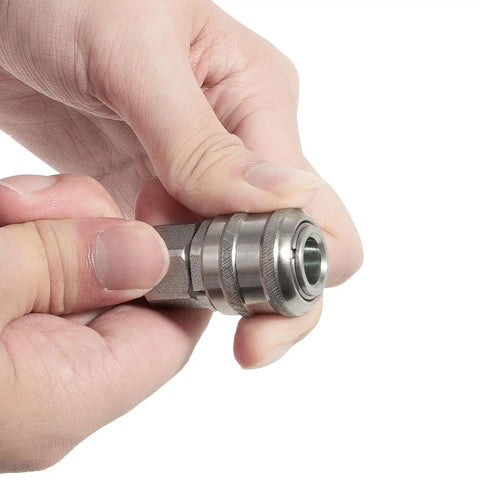 Person holding One Quarter Inch FNPT A Style Air Fittings Pack Of Ten For Quick Push To Connect With Style A Plugs Like 778 777 1777 Series