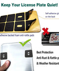 Adhesive-backed foam anti-rattle pads shown with self-adhesive backing for license plates, enhancing protection and reducing noise.