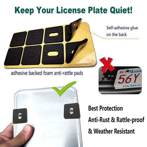 Adhesive-backed foam anti-rattle pads shown with self-adhesive backing for license plates, enhancing protection and reducing noise.