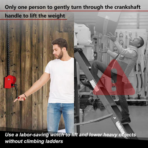 Man demonstrating Heavy Duty Ceiling Mounted Garage Storage Lift System With Hand Crank Easy To Install One Person Operation Lifts Items Up To 16 Feet
