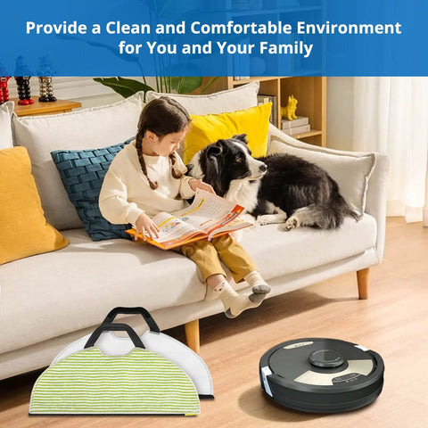 Child and dog on sofa with Six Pack Vacuum Mop Replacement Pads, Washable Microfiber Pads For Robot Vacuums RV2000-2002 Series in foreground