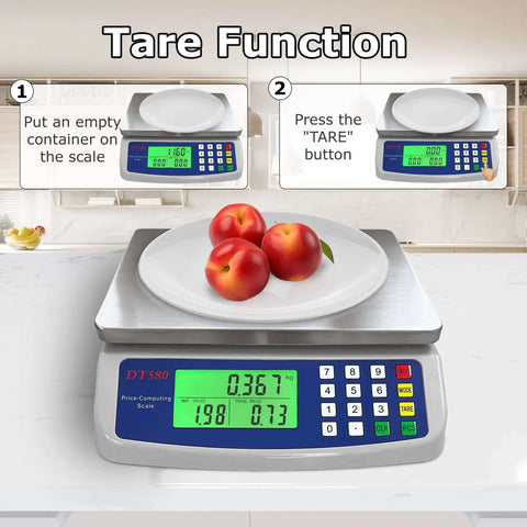 Pro Grade Digital Kitchen Scale 40kg 88lb Stainless Steel With LCD Display For Price Computing And Item Counting Deli Scale For Baking Bread Cooking Meat Prep Coins And Parts Adapter Included showing tare function