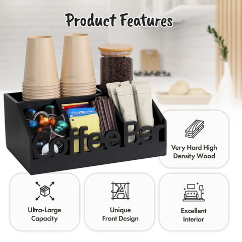 All In One Coffee Bar Organizer For Countertop Wooden Station Caddy With Tray For Pods Cups Condiments And Accessories Kitchen Or Office Counter Storage Medium Size Black Finish