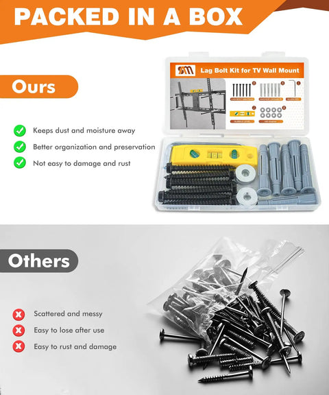 TV Mount Lag Bolt Kit With M8x70mm Lag Bolts in organized box, compared to loose, scattered bolts in plastic bag.