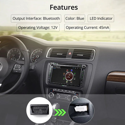 Car interior showing Android head unit with OBD2 Bluetooth Diagnostic Scanner for Android Car Stereo Head Units interface.