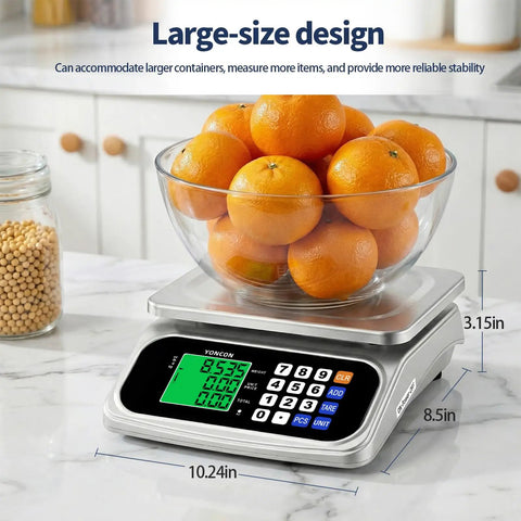 Large Digital Kitchen Scale With 66Lb Capacity And 30Kg, 0.05oz Per 1g Precision, displaying oranges in glass bowl