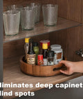 Straight Up Premium Acacia Wood Lazy Susan Turntable Organizer in a cabinet, storing condiments and spices with easy access.