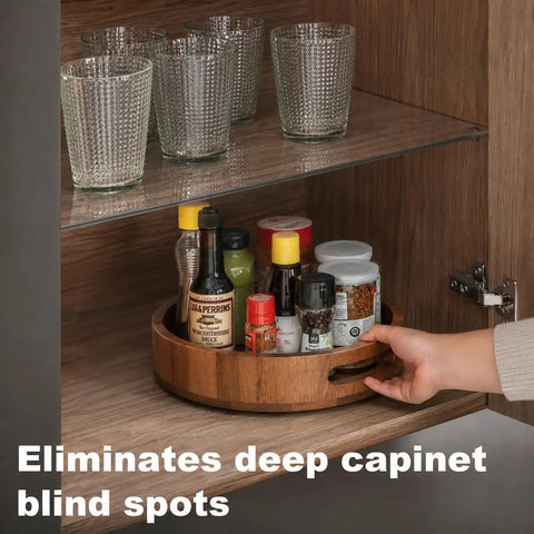 Straight Up Premium Acacia Wood Lazy Susan Turntable Organizer in a cabinet, storing condiments and spices with easy access.