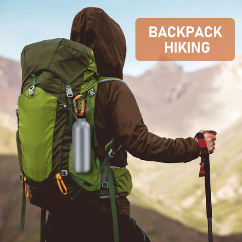 Hiker with backpack using Dope Lightweight 12KN Aluminum Carabiner Clip Wiregate for bottle attachment in mountain setting