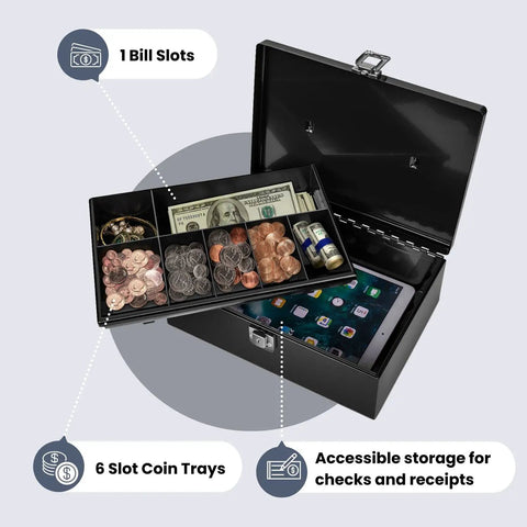 Heavy Duty Black Cash Box With Lock and 7 Compartment Money Tray for Small Businesses showing bill and coin storage