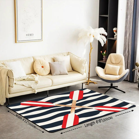 Rowing Oar Nautical Area Rug 5x7 Ocean Theme For Living Room Navy Blue Striped Geometric Pattern Decorative Rug in modern living room