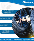Person using leak proof air compressor piping kit with high flow air lines on car tire, 200 PSI ASTM F1282 compliant.