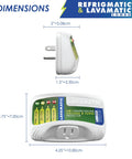 Two In One Voltage And Surge Protector Pack for fridge and washer, side and front view showing dimensions and plug design.