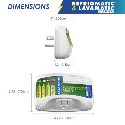 Two In One Voltage And Surge Protector Pack for fridge and washer, side and front view showing dimensions and plug design.