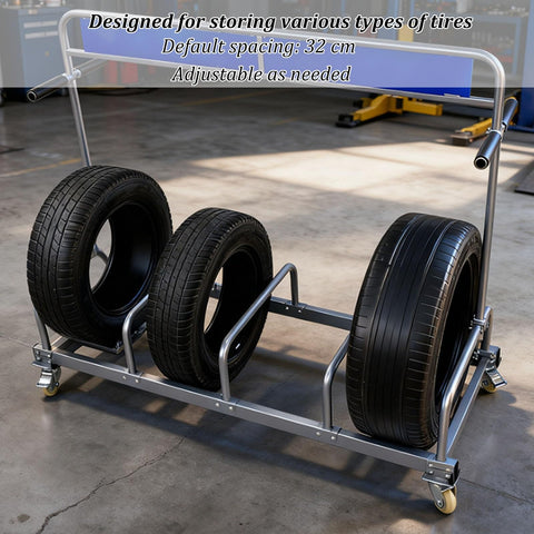 Heavy Duty Metal Tire Storage Rack With Swivel Casters Keeps Your Garage Tight While Car And Motorcycle Tires Stay Locked In Without Rolling Away Or Slipping Off, featuring four tires secured.