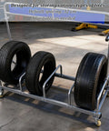 Heavy Duty Tire Stand And Rack With Locking Casters For Motorcycle Or Car Tires Built Tough With An Iron Frame That Secures Every Load, holding three tires.