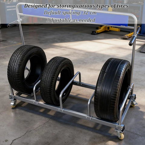 Heavy Duty Tire Stand And Rack With Locking Casters For Motorcycle Or Car Tires Built Tough With An Iron Frame That Secures Every Load, holding three tires.