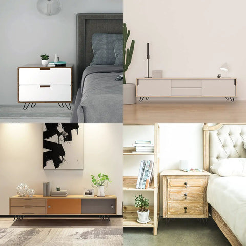 Four Inch Hairpin Legs Set Of 4 For DIY Cabinets Coffee Tables Dressers Wardrobes TV Stands And More displayed on furniture