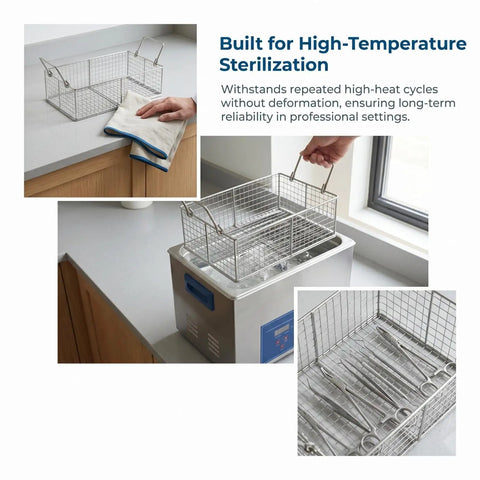 Heavy Duty Stainless Steel Cleaning Basket For Ultrasonic Cleaner showing high-temperature durable wire mesh and handles.